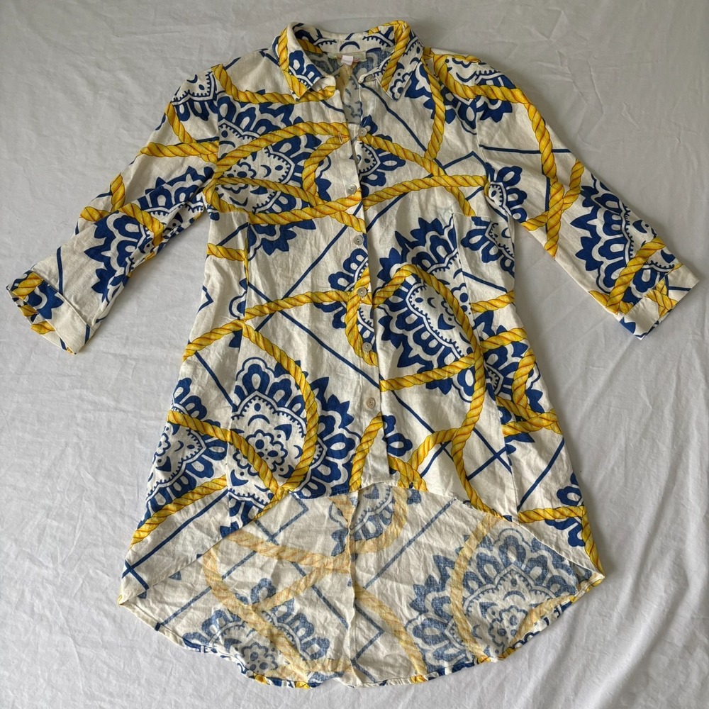 Ivy Road Womens Ivory 3/4 Sleeve Floral Print Hi Low Hem Linen Shirt Dress Small